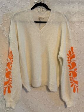 Urban Daizy Ivory Oversized Sweater with Bright Neon Orange Sleeve Embellishment